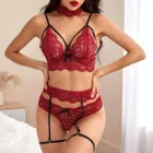 Женское модное красное нижнее белье, привлекательный кружевной бюстгальтер без косточек с красивым рисунком, Женский Привлекательный костюм с подвязками, модель Е3