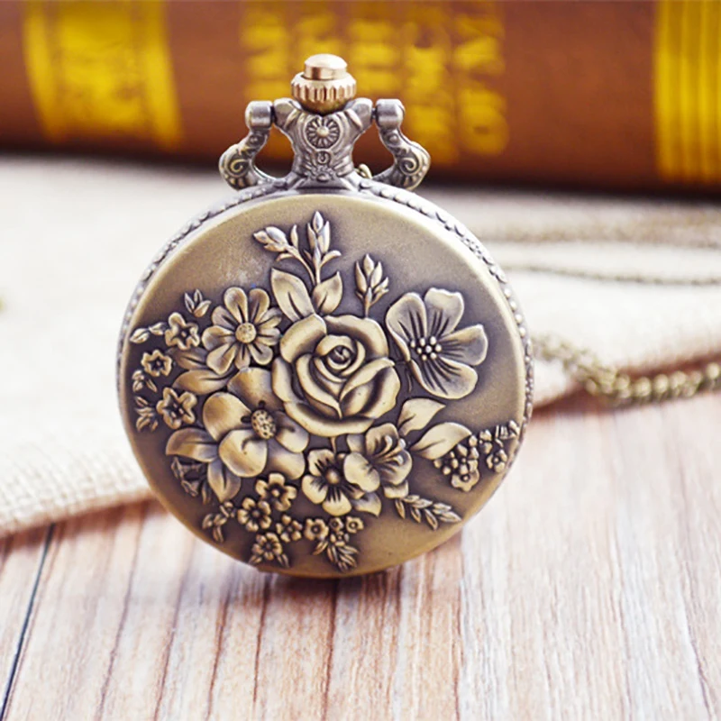 

Vintage Blooming Flower Quartz Pocket Watch Bronze Pendant Clock Digital Display Ladies Necklace Chain Bracelet Watch