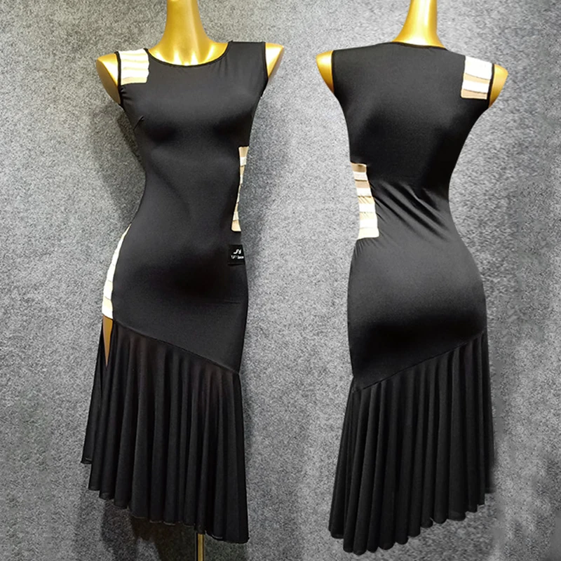 

New Latin Dance Dresses Women Costume Pleated Skirt Team Dance Black Dress Women Rumba/Modern Dress Latin Practice Dress VDB769