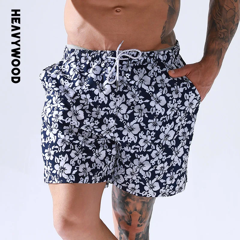 

Heavywood Summer Men's Casual Beach Shorts Quick Drying Swim Trunks Drawstring Floral Print Loose European Size Male Short Pants