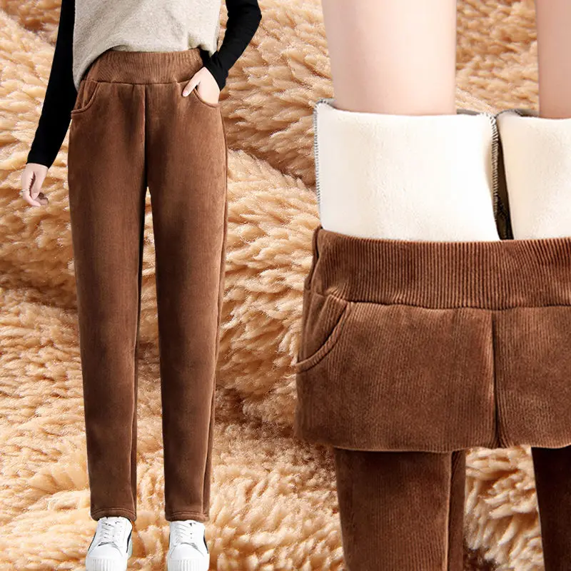 

Casual Thickening Corduroy Straight Pants Women Winter Plus Size Warm Cashmere Trousers Vintage Slim Waist Add Velvet Lady Pants