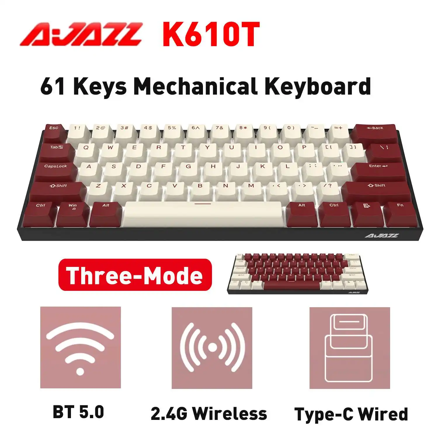  Клавиатура Ajazz K610T механическая, 61 клавиши, три режима, подсветка NKRO, Bluetooth-совместимая, 5,0 + USB Проводная + 2,4G беспроводные клавиатуры 