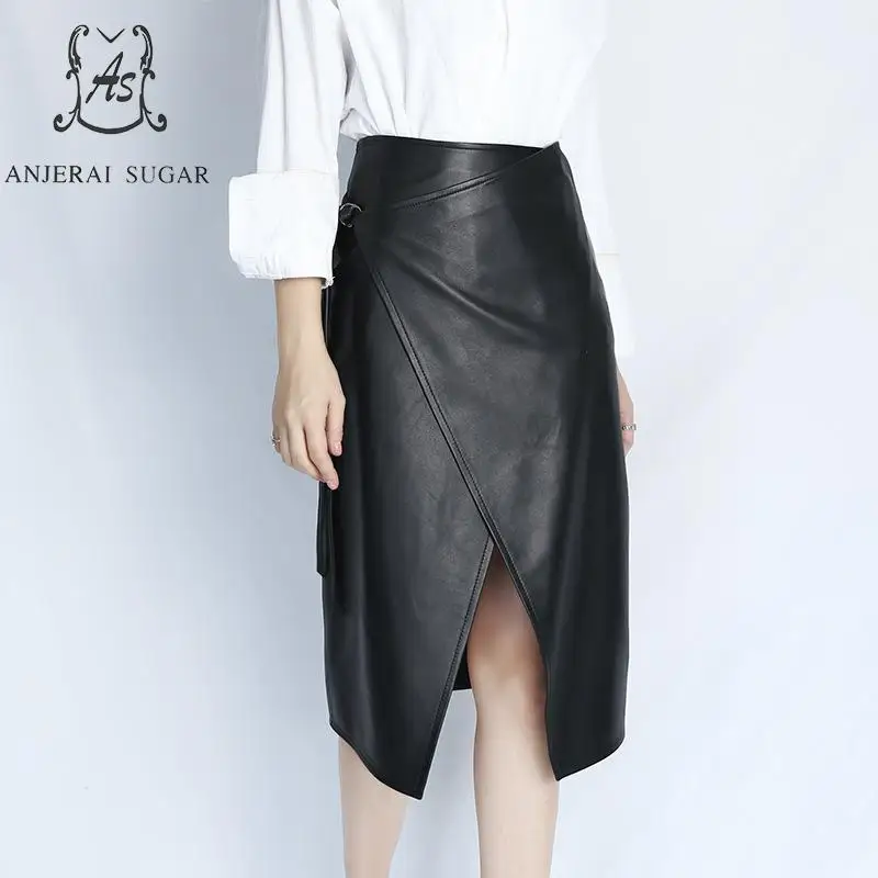 Женские осенние юбки из натуральной кожи черные асимметричные с высокой талией и