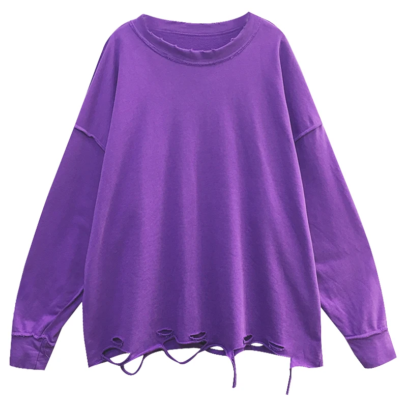 

New Korean Style Pullover long-sleeved Sweatshirt Women 2020 Autumn Solid Color Mid-length Broken Hole loose Large Size Wild