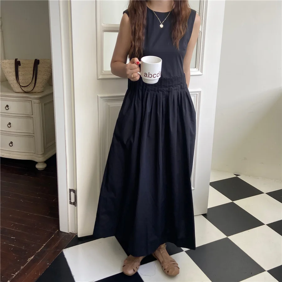 

2021 Summer New Korean Style Round Neck Sleeveless Stitching Loose Slimming Midi Dress Casual Dress Woman Dress