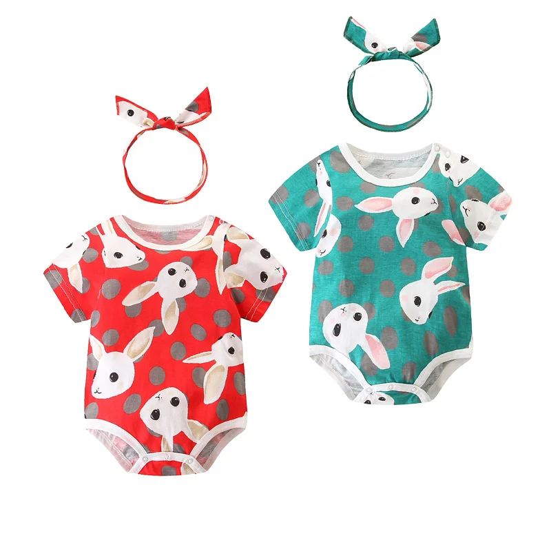 

Newborn Baby Girl Clothes short Sleeve Rabbit print Cotton Romper Jumpsuit Headband 2Pcs Outfits Casual Clothes Baby Set