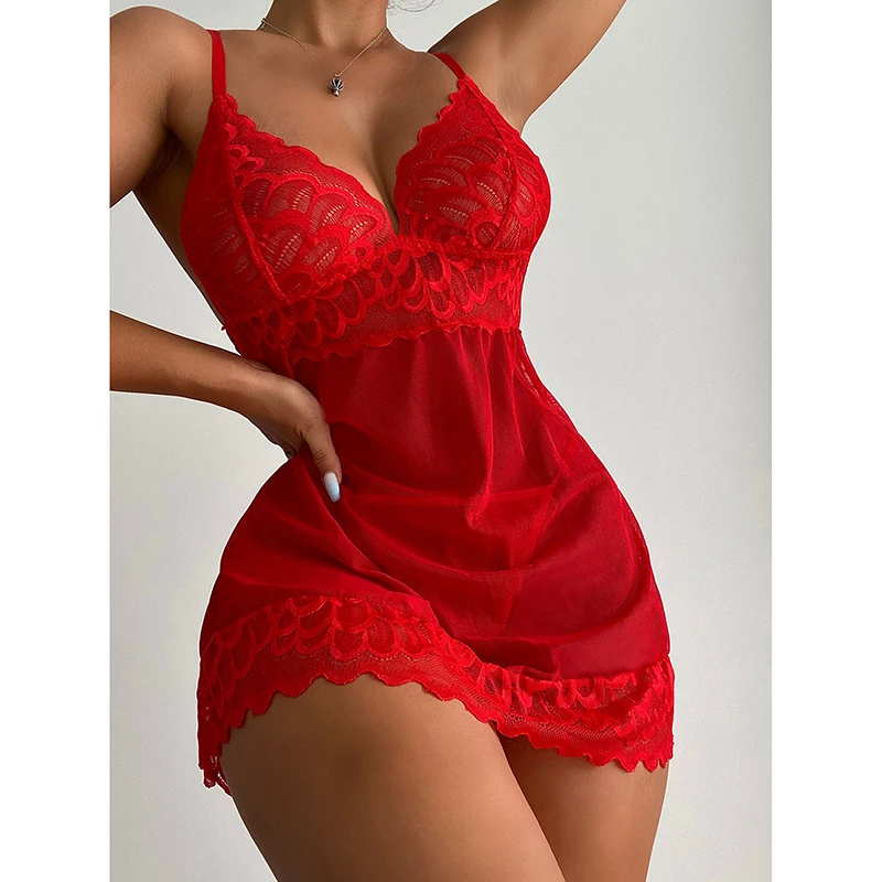 

Sexy Sleepwear Deep-V Night Dress Women Sleeping Nightgown Red Lace Nightie Lingerie Sleeveless Mini Dress Homewear