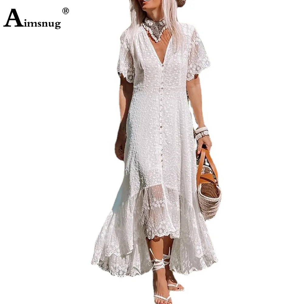 

Aimsnug Women Mid-Calf Dress Patchwork Lace Party Dresses 2021 Short Sleeve Ladies Casual A-line Dress Sexy Femme Clothing
