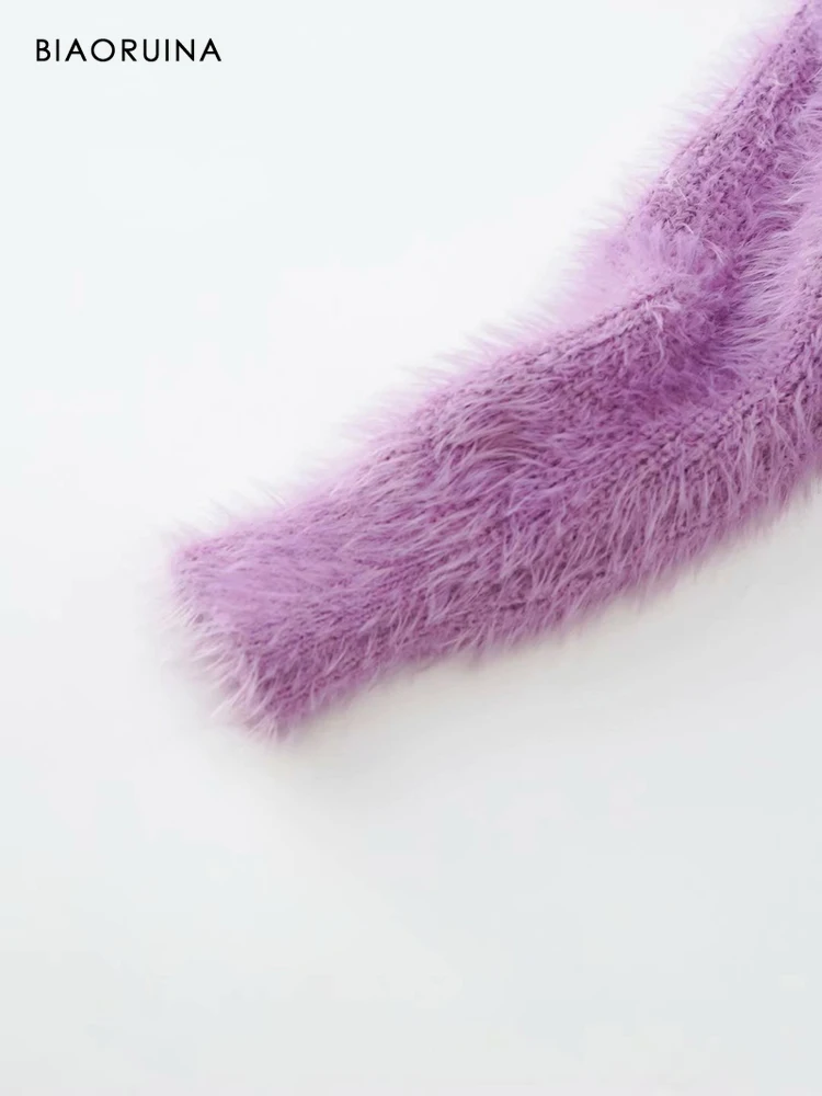 

BIAORUINA Women's Fluffy Material Single Breasted Deep V-neck Fashion Short Cardigan Autumn Warm Sexy Sweater for Women One Size