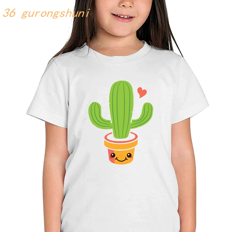

Футболка для девочек с цветочным горшком, мультяшная футболка, летние милые топы для девочек, детская одежда с кактусами, футболки для мальч...