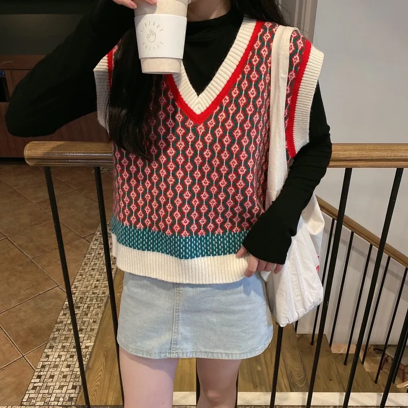 

Loose Vintage Knitted Sleeveless Vest for Ladies Oversize Hit Colors Streetwear All-match Argyle Chic Tops 2020 Winter Fashion