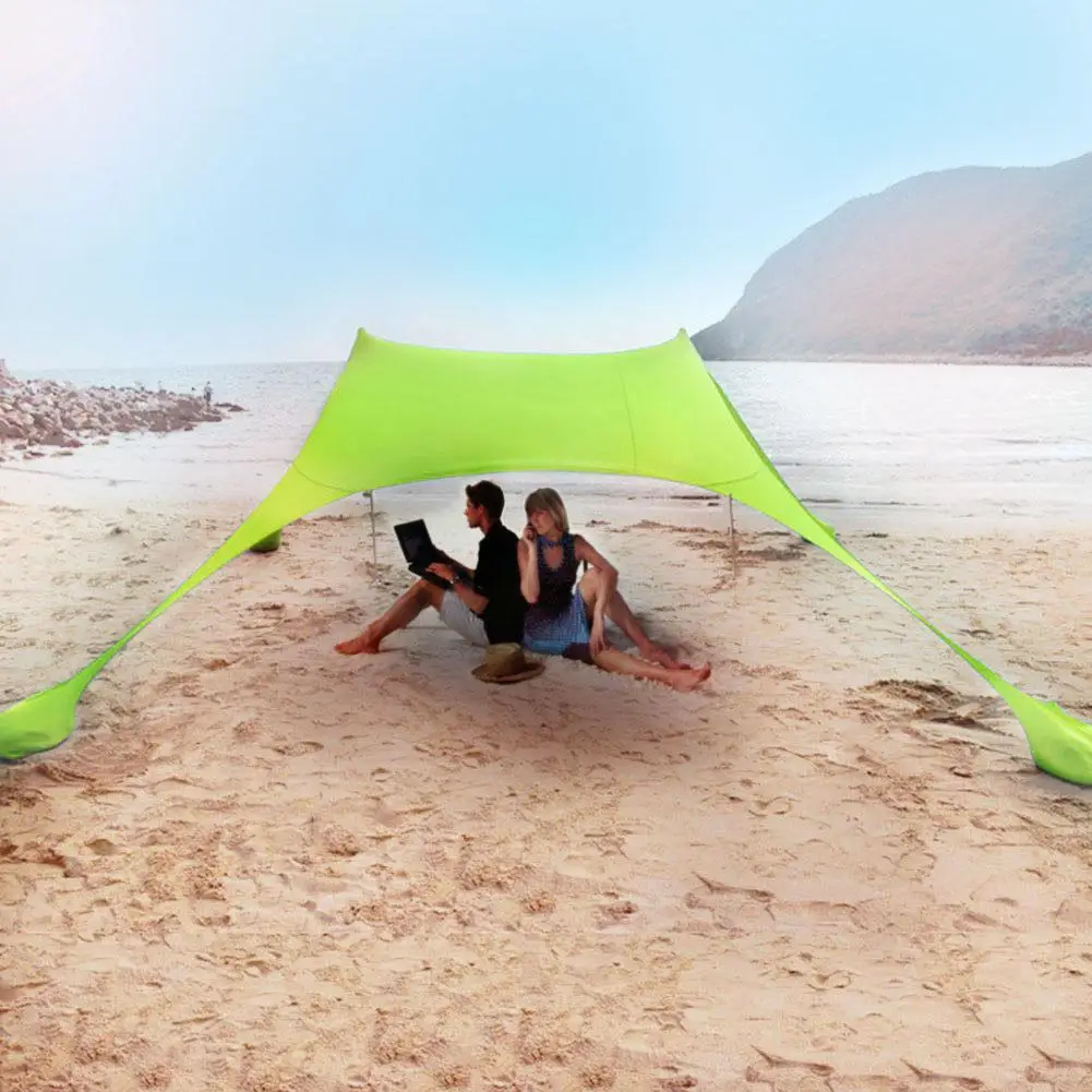 저렴한 해변 양산 경량 휴대용 태양 그늘 텐트, 샌드백 UPF50 + UV 대형 가족 캐노피 야외 해변 캠핑