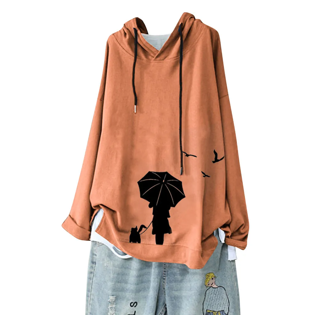 Женская толстовка большого размера плюс с капюшоном осенняя блузка принтом