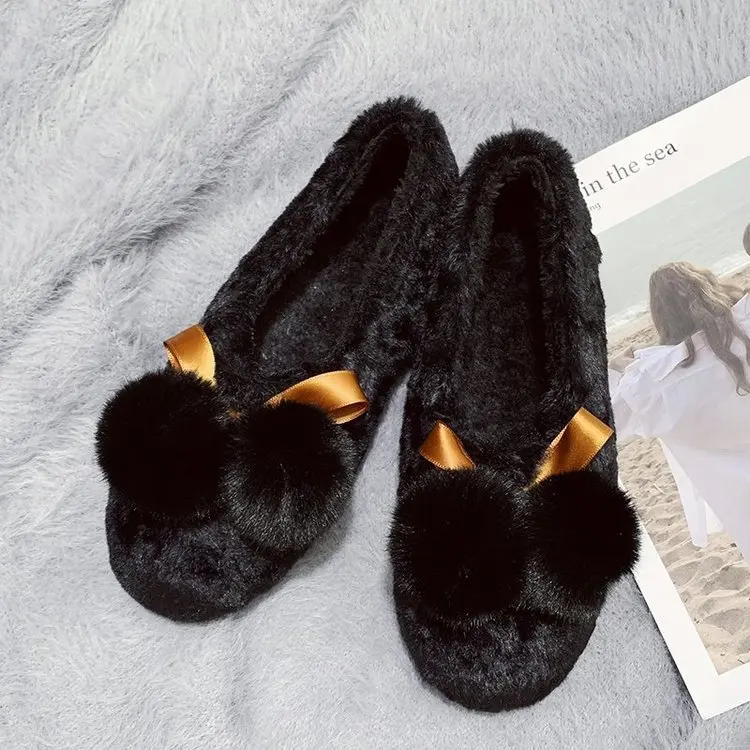 Flat Shoes Women Plus Velvet 2021 Winter Bow Cotton Shoes Women Warm and Non-slip Outer Wear Fashionable Plush Shoes Women