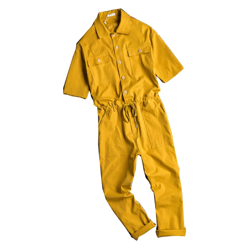 Summer men's jumpsuit lapel cotton jumpsuit short sleeve leggings loose streetwear black yellow pants 2021