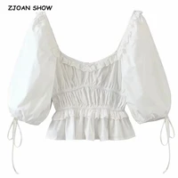 2020 women white wood ears square collar puff sleeve shirt retro elastic ruched slim short blouse summer sweet tops