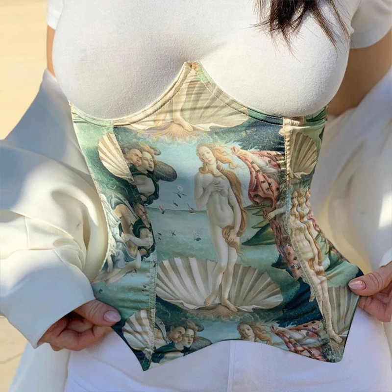 

Women Vintage Oil Painting Print Sexy Corset Top Summer Patchwork Slim Waist Backless Streetwears Paty Outfits