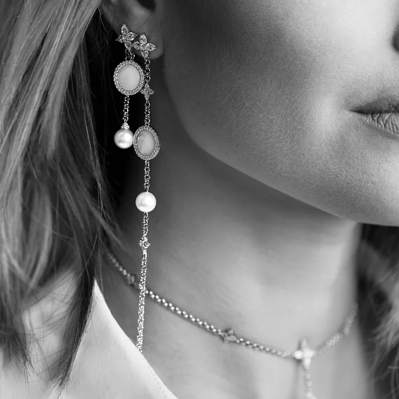 

Fashion Charm Sterling Silver Original 1:1 Copy,Asymmetric Long Earrings With Pearl & Mother Of Pearl Jewelry Gift For Female
