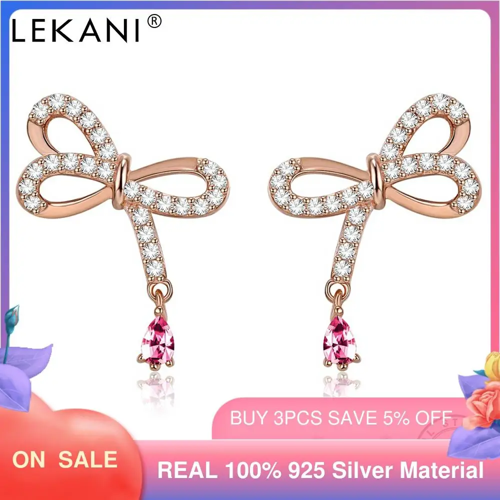 

LEKANI 925 Sterling Silver Stud Earrings Bowknot Shaped Gigantic Love to Lovers Cubic Zirconia and Pink Crystal Pendant Earrings