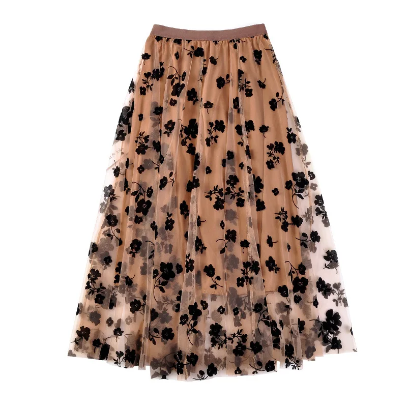 Летняя женская Тюлевая юбка с цветочным принтом, плиссированная юбка, черные юбки миди с высокой талией, тонкие шифоновые сетчатые Длинные ...