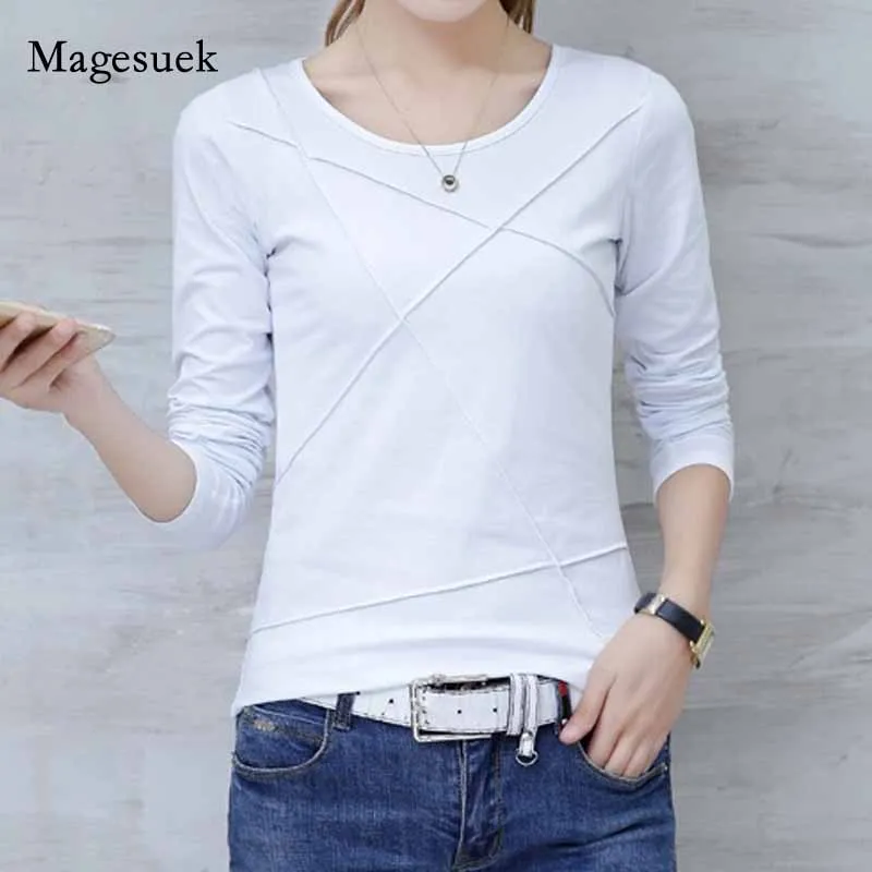 

New 2020 Cotton O-neck Slim T-shirt Plus Size Long Sleeve Shirt Women Autumn Casual Slim Solid Korean Office Lady Clothes 10713