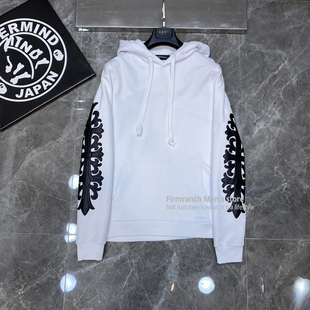 

FAKUNTN Firmranch Men/Women Couple Black PU Crucifix Applique Ins Hoodies Black/ White Hip Hop High Street Sweatshirt Casual
