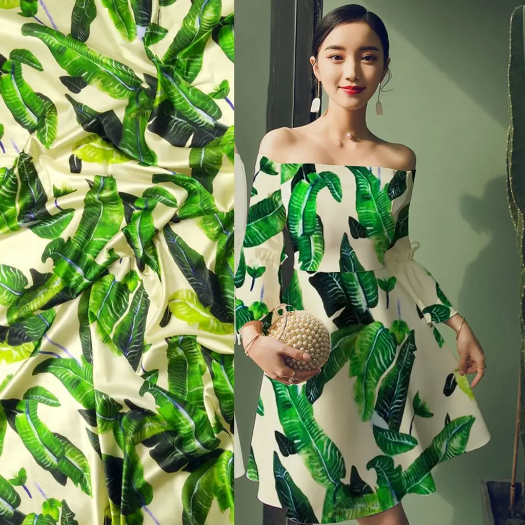 Цифровая шелковая эластичная ткань для девушек с листом банана листьями tissu