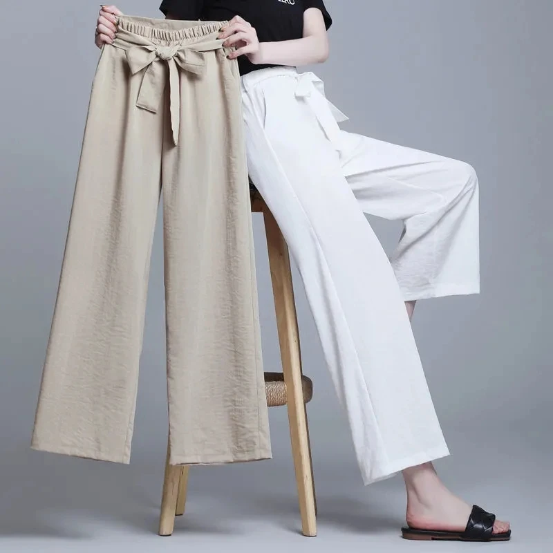 

Hot Sale Cotton Linen Wide Leg Pants Women Solid Colors Bow High Waist Ankle-Length Pants Spring Summer Stretch Casual Trousers
