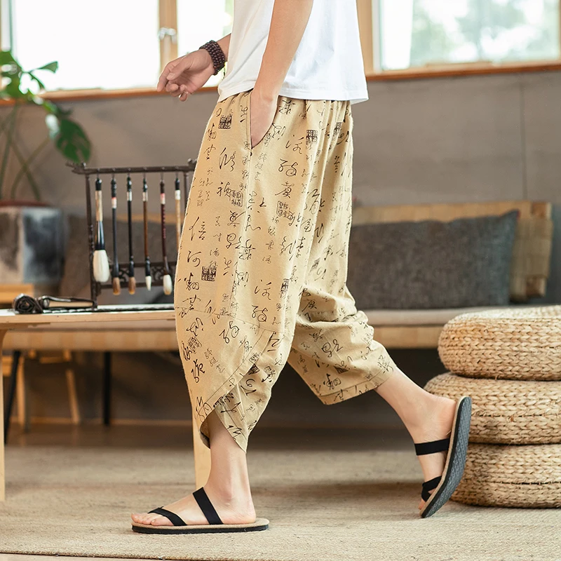 Мужские повседневные брюки в китайском стиле с принтом прямые шаровары