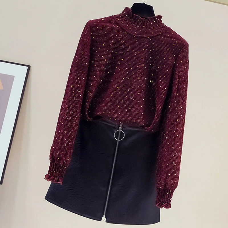 

2020 New Women's Temperament Stand-up Collar Plus Velvet Thick Lace Bottoming Shirt Long-sleeved Top UK174
