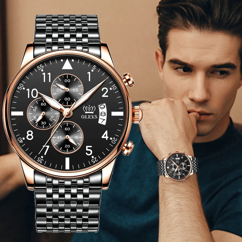 

OLEVS 2020 New Fashion Mens Watches Top Brand with Stainless Steel Luxury Sports Chronograph High Quality Quartz Watch Men