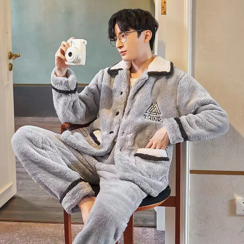 Winter Men's Pajamas Set Coral VelveThicken Warm Flannel 2 Pieces/Sets Pyjamas Long Sleeve Homewear Home Clothing