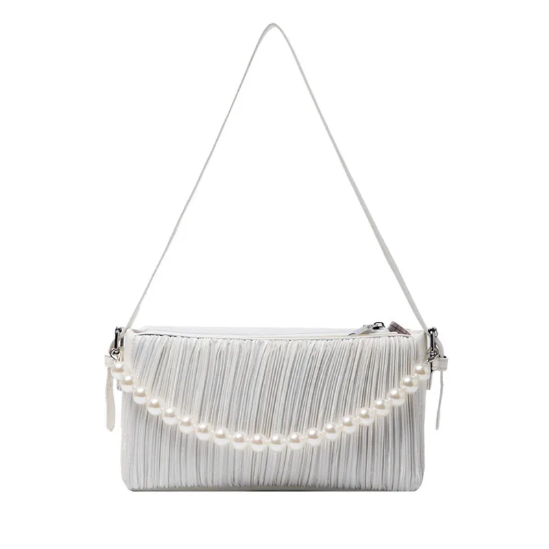 

Luxury Folds Design Pearls Shoulder Bags For Women 2020 Summer Female Fashion Wild Solid Color Handbags Lady Armpit Bag Tote