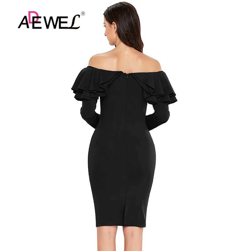 Женское облегающее платье ADEWEL черное до колена с оборками и открытыми плечами