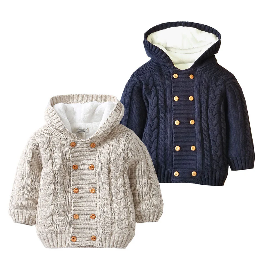 

1-5T Autumn Winter Baby Boys Hooded Cardigan Jacket Long Sleeve Fleece Lined Knitted Sweater Kids Toddler Girls Warm Outerwear