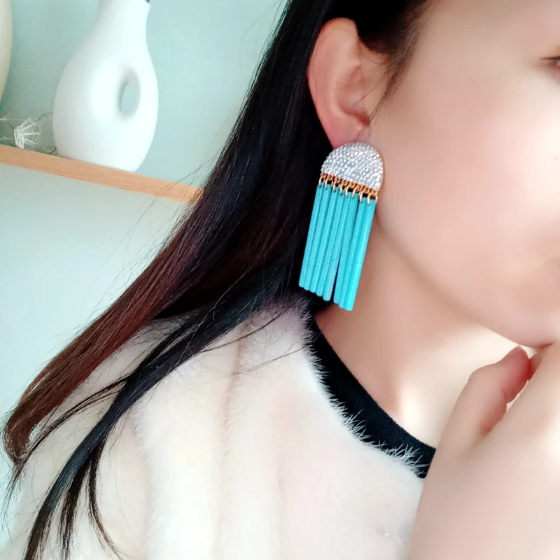 

European and American jewelry fashion personality dinner style style su-set zircon long exaggerated cold wind ear clip earrings