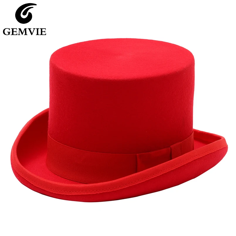 GEMVIE 13cm 100% Wool Felt Red Top Hat Cylinder Hat for Men Women Topper Mad Hatter Party Costume Fedora Derby Magician Hat