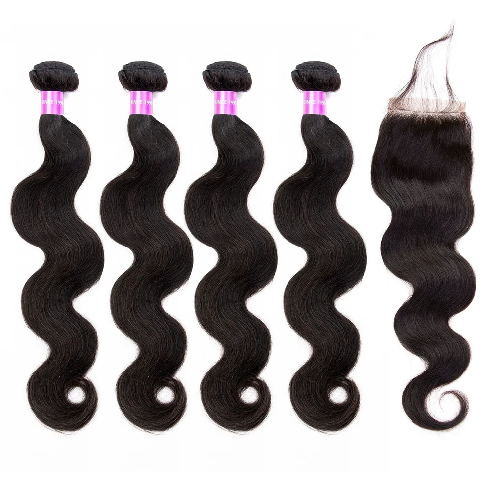 4 пучка перуанских волнистых человеческих волос с кружевной застежкой пряди ные