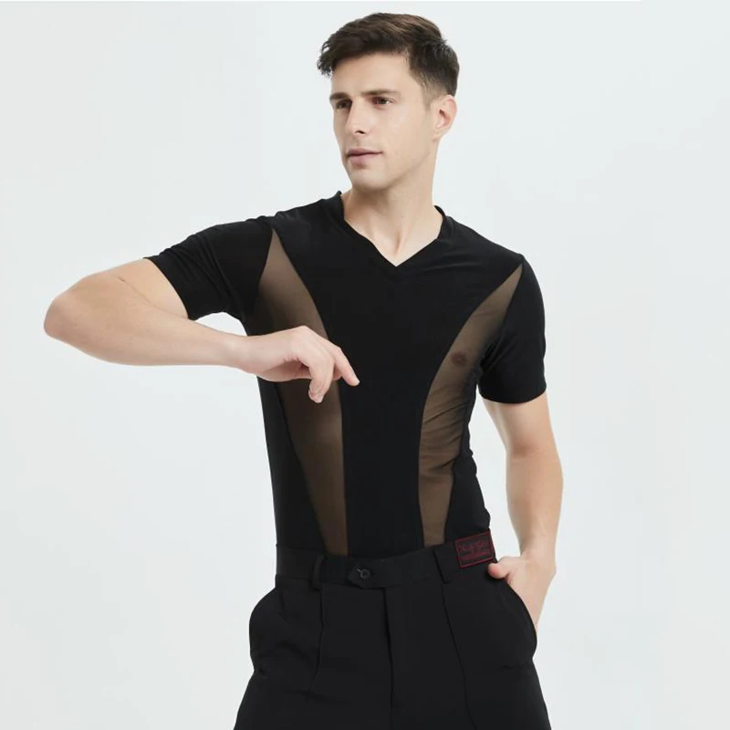 

2021 Latin Dance Tops Men's Dance Clothes Short Sleeves V Neck Adult Male Salsa Ballroom Shirts Black Competition Clothes