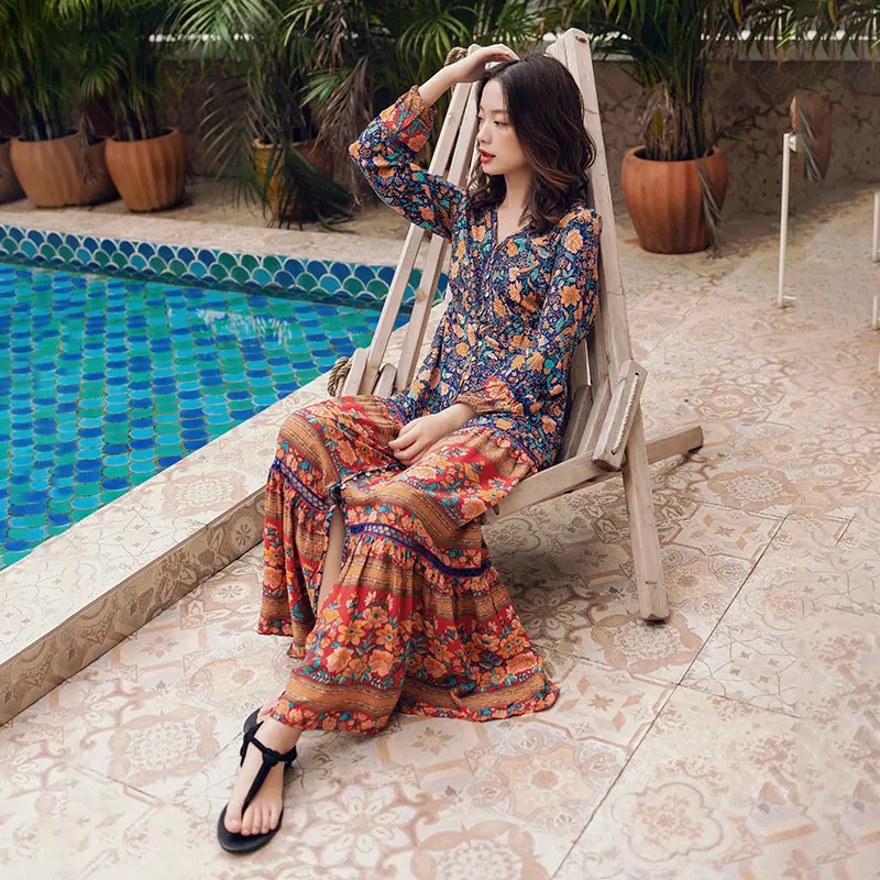 Богемное Пляжное Платье макси с цветочным принтом и поясом летнее женское платье