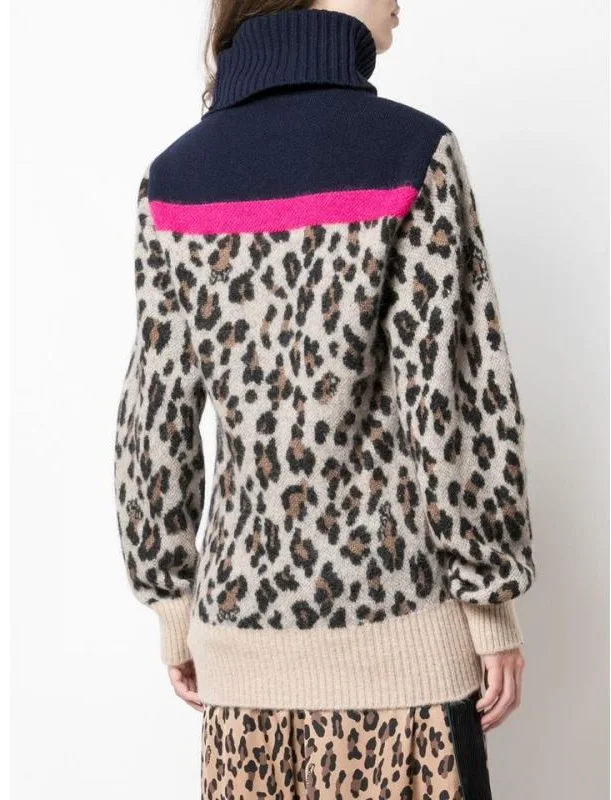 Новый осенний и зимний модный Леопардовый принт розовый цвет свитер с высоким