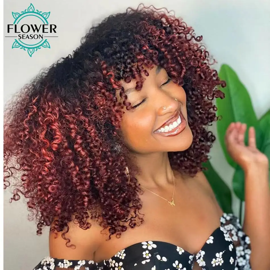 en Ucuz Ombre Renk İnsan Saç Peruk Afro Kinky Kıvırcık Kafa Derisi üst Tam Makine Yapımı Peruk 200 Yoğunluk Hint Remy Saç Kadın FlowerSeason