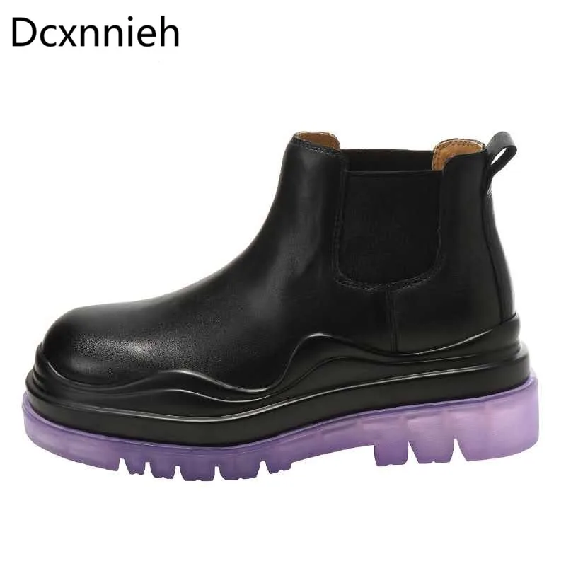 

Ботинки-челси женские из натуральной кожи, с круглым носком, без шнуровки, фиолетовые, Новинка Короткие сапоги для мотоциклистов