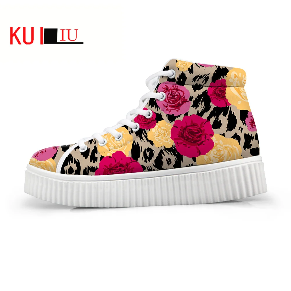 

Fashion Personality Canvas Shoes Female Flowers Printing Thick Sole Shoes Leopard Height Increasing Shoes Casual Women's Shoes