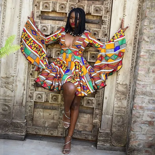 

Sexy V-Neck Lantern Sleeve Women African Clothes 2021 Fashion African Dashiki Print Shirt Party African Dresses for Women