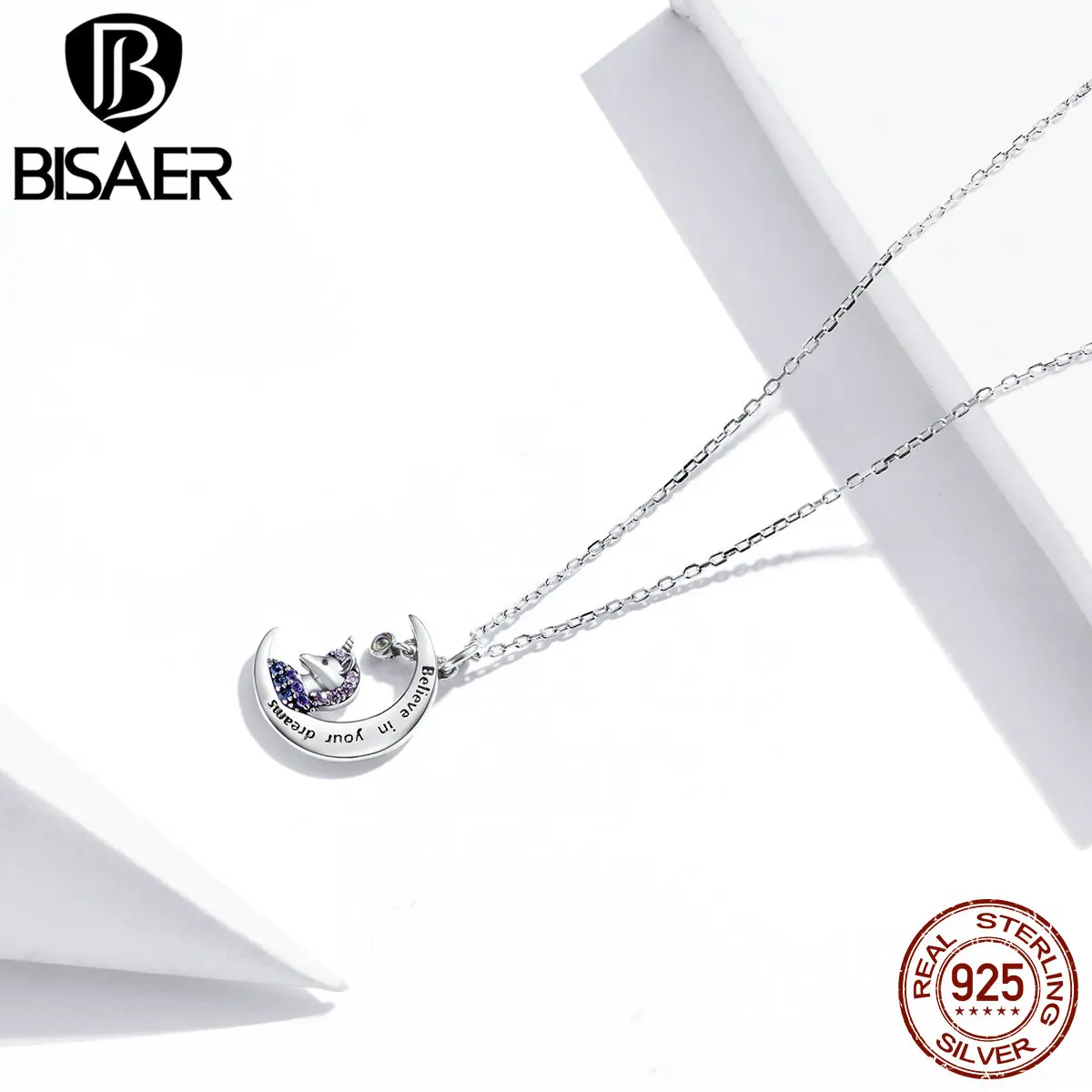 

BISAER Moon & Unicorn Necklace 925 Sterling Silver Pink Zircon Long Chain Link For Female Fine Jewelry 45cm Necklace ECN410