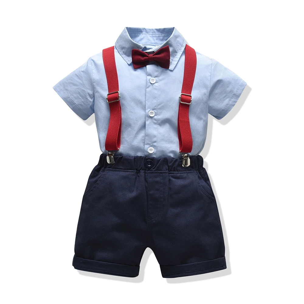 

Baby Toddler Formal Clothes 1-6 Years Boys Suit Summer Blue Shirt + Shorts with Belt 4 Pieces Children Outfit Boys Clothing Set
