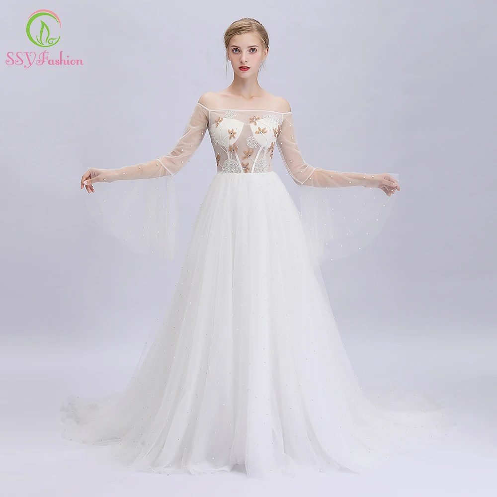 SSYFashion 2019 новое белое вечернее платье lllsion с вырезом лодочкой блестками бисером со