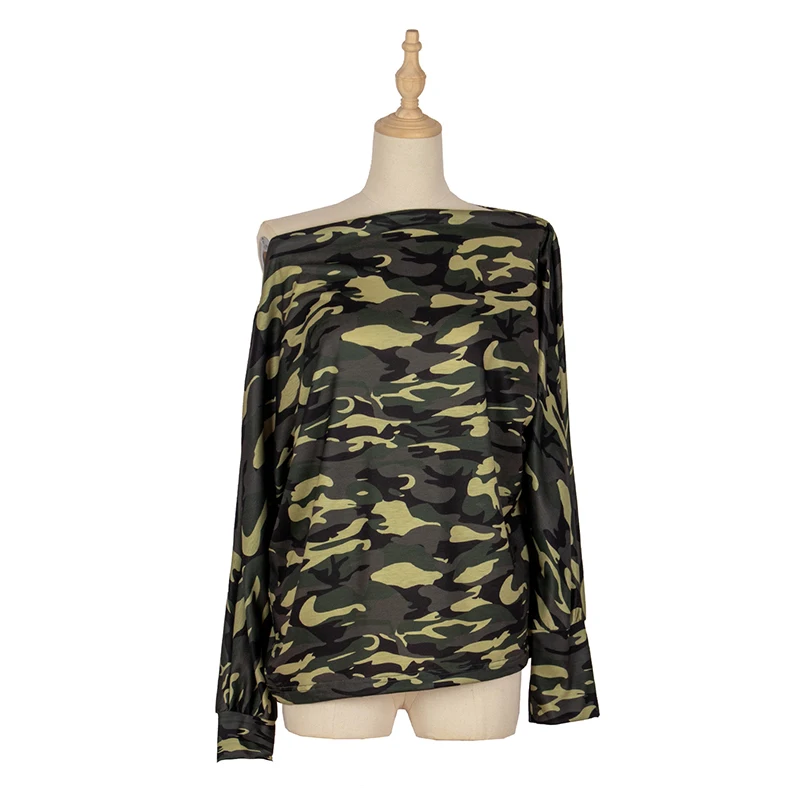 

Camouflage T Shirt Women Strapless Full Sleeve Knitted Oversize Top Autumn Winter Bottoming T Shirt For Women 20212 New