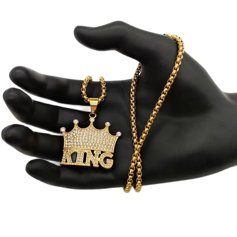 БлингБлинг полная корона-подвеска KING с кристаллами, золотая нержавеющая сталь, корона Короля хип-хопа рэпера, танцора.